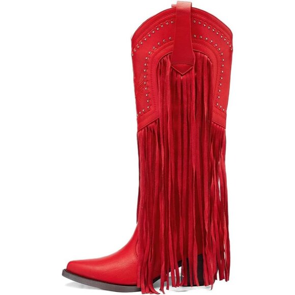 Women's Fashion Pointed Toe Chunky Pull On Knee High Heel Embroidered Red Boot - Picture 2 of 8